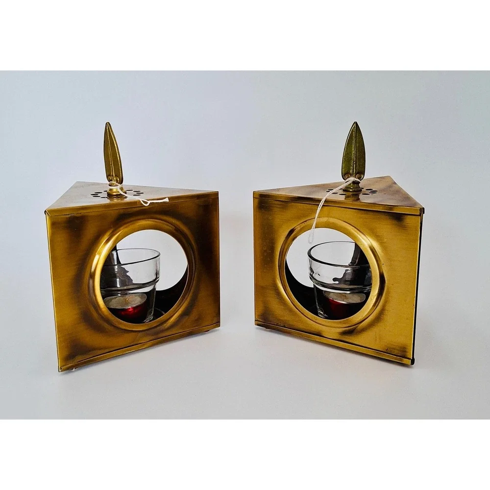 Vintage Copper Craft Solid Brass Triangular Candle Lanterns Votive Holders Pair